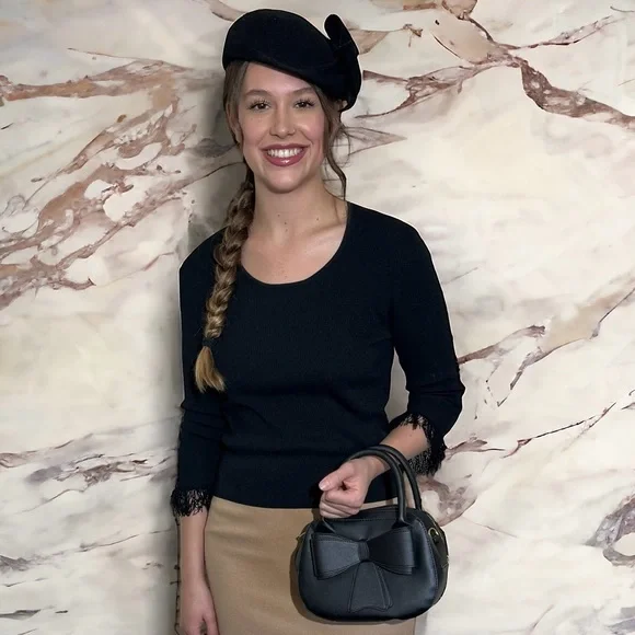 WORN ONCE - Women’s Leather Satchel & Velveteen Mary Jane Heels - Big Bows - Picture 2 of 10